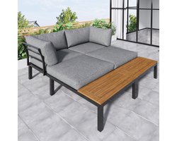 Garten-Lounge-Set met Massief Acacia Hout - 2-Zitsbanken Set met Tafel en Bijzettafels - Verzinkt Stalen Frame - Weerbestendig Tuinmeubelen - Grijs