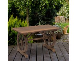 Gartentafel Hout - Massief Houten Balkontafel Met Wagenwiel Design - Weerbestendige Terrastafel Naturel 110x60x65 cm - Rustieke Tuin Tafel