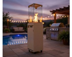 Gas Terrasverwarmer 36x36x150 cm – 5,5 kW Vrijstaand & Draagbaar – Zwarte Propaan Heater met Glazen Behuizing, Vlamregeling & 40 uur Brandduur – NoviHome