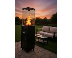 Gas Terrasverwarmer 36x36x150 cm – 5,5 kW Vrijstaand & Draagbaar – Zwarte Propaan Heater met Glazen Behuizing, Vlamregeling & 40 uur Brandduur – NoviHome