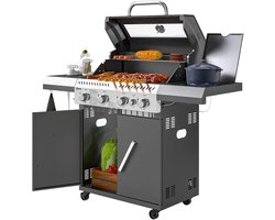 Gasbarbecue - Gasbarbecue en grill - 5 branders - Met slang en thermometer - Zilver + Zwart