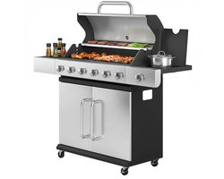 Gasbarbecue - Gasbarbecue en grill - 6+1 Branders - 18,6 kW - Grillwagen - Barbecuewagen - met Grillrooster, Wielen, Bijzettafels, Slangen, Thermometer en Warmhoudplaten - 142 x 49 x 111 cm - Zwart + Zilver