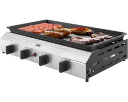 Gasgrill - Gasbarbecue en grill op tafel - 4 roestvrijstalen branders en drukregelaar - 44 x 44,5 x 19 cm, zilver + zwart
