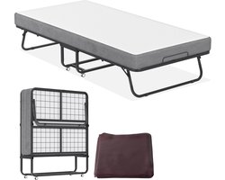 Gastenbed 200 x 90cm – Opvouwbaar Bedframe met 13cm Dikke Sponsmatras & 4 Wielen, Draagbaar Reisbed, Kampbed, Metalen Bed, Maximaal Belastbaar Tot 200kg – NAIZY