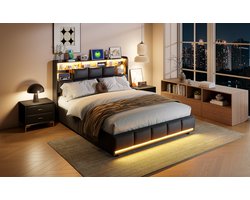 Gasveerbed 140x190 cm met LED-verlichting in hoofdbord en voetbord, USB-poort en opbergruimte onder het bed – Zwart PU