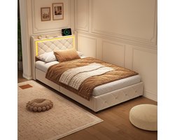 Gasveerbed 90x200 cm met LED-verlichting en USB, met opbergruimte onder het bed – comfortabel voor lezen, relaxen en opbergen – Beige