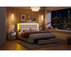 Gasveerbed met LED-verlichting in het hoofdbord, met lades en opbergruimte onder het bed, modern design, 180x200 cm – Beige