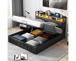 Gasveringbed 140x200 cm met ledverlichting in het hoofdeinde, zwarte lederen bekleding en geïntegreerde stopcontacten voor de moderne slaapkamer