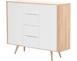 Gazzda Ena Dresser 135 Whitewash - Houten Dressoir - Massief Eiken - met 4 Lades - 2 Deurs - Ladekast - Kast met Lades - Scandinavisch - Witte Frontjes - 135 cm Breed