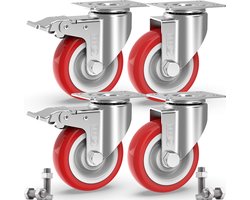 GBL Zwaarlast Zwenkwielen met 2 Remmen + Schroeven - 125 mm tot 800 kg - 4 Stuks Zonder Vloersporen Trolley Wielen voor Beubels - Rubberen Wielen - Zilveren Industriële Wielen