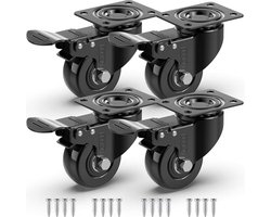 GBL Zwaarlast Zwenkwielen met 4 Remmen + Schroeven - 50 mm tot 200 kg - 4 Stuks zonder Vloersporen Stille Zwenkwielen voor Meubels - Rubberen Trolley Wielen - Zwart