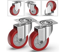 GBL Zwaarlast Zwenkwielen + Schroeven - 100 mm tot 600 KG - 4 Stuks geen Vloermarkeringen Trolley Wielen voor Meubels - Rubberen Zware Wielen - Zilver Meubelwielen