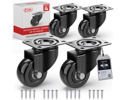 GBL Zwaarlast Zwenkwielen + Schroeven - 50 mm tot 200 KG - 4 Stuks Geen Vloersporen Stille Trolley Wielen voor Meubels - Rubberen Trolleywielen - Zwart