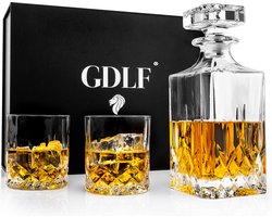 GDLF® Kristallen Whiskey Set Vintage in een Prachtige Geschenkdoos | Hoogwaardig Lood-Vrij Kristal | Gemaakt in Italie | Decanteer Karaf | Whiskey Karaf & 2 Whiskey Glazen | Kado Man | Perfect cadeau