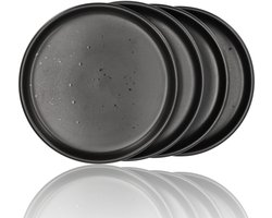 Gebaksbordjes en Ontbijtborden Set van 4 – Mat Zwart met Spikkels – Ø20 cm – Keramiek Servies – Zwart Servies Ronde Borden Set