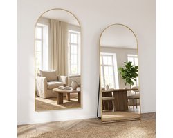 Gebogen spiegel (ca. 180 × 80cm) – volledige lengte, staand model, kantelbaar, aluminium frame, geschikt voor woonkamer, slaapkamer of kleedkamer, goud frame