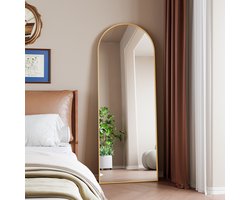 Gebogen staande spiegel 162x53 cm, met verstelbare standaard, gouden aluminium frame, hangend of staand, voor slaapkamer, woonkamer of garderobe