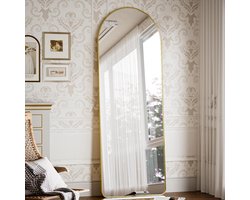 Gebogen top volledig lichaam spiegel met ronde hoeken, 53 x 163 cm full-body spiegel groot vrij staand hangend hangend vloerspiegel als aankleedspiegel voor woonkamer, goud