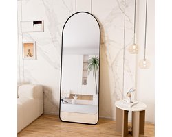 Gebogen topspiegel met ronde hoeken, 53 x 163 cm, full-body spiegel, groot, vrijstaand hangend, vloerspiegel als aankleedspiegel voor woonkamer, zwart