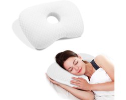 Gebogen zijslaperkussen - Oorgaten - Verstelbaar katoen/polyester - Machinewasbaar - Geschikt voor oorgaatjes - Wit