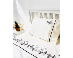 Geborduurd beige set in satijn (dekbedovertrek 140 x 200 cm) met dennenbomen en vogels voor eenpersoonsbed/Embroidered beige set in Satin (duvet cover 140 x 200 cm) with pines and birds for single bed
