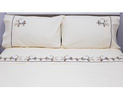 Geborduurd beige set in satijn (dekbedovertrek 200 x 220 cm) met dennenbomen en vogels voor een tweepersoonsbed/Embroidered beige set in Satin (duvet cover 200 x 220 cm) with pines and birds for double bed