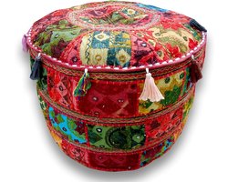Geborduurde Ottomaanse Hoes - Decoratief Kussen - Woonkamer Decoratie - Handgemaakt Patchwork - 48x33 Inch - Rood