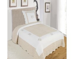 Geborduurde Sprei - Katoen Boutis - Slaapkamer Decoratie - Tweekleurig Design - 180 x 240 cm - Linnen Beige