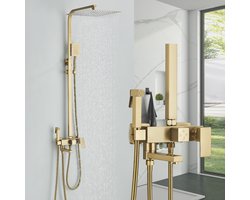 Geborsteld Goud Douchesysteem met 8" Vierkante Regenhoofddouche - 4 Waterfuncties, Handdouche, Onderuitloop & Douchepistool, Complete Badkamer Doucheset
