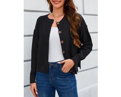 Gebreid Vest Cardigan Dames Kort Elegant Lange Mouw Gebreid Cardigan met Knopen Casual Schouder Jas Bolero Top voor Herfst Winter Zwart S