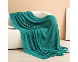 Gebreide deken, opengewerkte geweven deken met kwastjes, geschikt voor banken, fauteuils, bedden, woonkamers, woondecoratie en dutjes (1 stuk)-Smaragdgroen-130*230CM