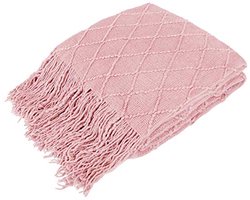 Gebreide franje deken in blush lichtroze | Decoratieve boho deken voor bank en bed | Moderne getextureerde afghaanse plaid