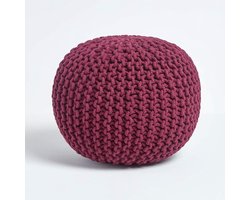 Gebreide Poef - Voetbank Kruk - Ontspannen Zitten - Handgebreid Katoen - H 35cm x B 40cm - Pruim