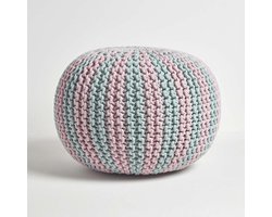 Gebreide Poef - Voetenbank Zitelement - Woonkamer Decoratie - Handgebreid Katoen - 50 x 40 cm - Pastelroze en Blauw
