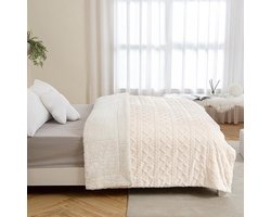 Gebreide woondeken - Dikke bankdeken 130 x 150 cm - Lamsdeken gestreept - Wollig zacht - Lichtbeige