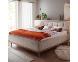 Gecapitonneerd bed Cézanne 160x200cm met opbergruimte - beige/eik - Meise - Tweepersoons gestoffeerd bed - Beige - Polyester Tweepersoons Normaal bed