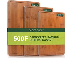 Gecarboniseerde bamboe snijplanken voor de keuken, XL duurzame houten snijplank met sapgroeven en handgrepen, set van 3 stevige serveer- en borrelplanken voor maaltijdvoorbereiding en serveren