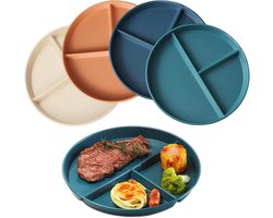 Gedeelde Borden Set - Onbreekbaar Dinerbord met 3 Vakken - 4 Stuks 23,5 cm - Voedselveilig PP en Magnetronbestendig - Voor Familie Maaltijden en Portiecontrole - Donkere Kleuren Mix