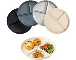 Gedeelde Borden Set - Onbreekbaar Dinerbord met Vakken - 4 Stuks 23 cm - PP Kunststof Vaatwasmachinebestendig - Voor Gezin en Picknick - Zwart en Grijs Tinten