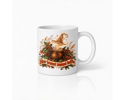Gedetailleerde botanische Halloween Mok – Sfeervolle koffiemok met ‘Hier brouwt iemand koffie’ print voor herfstsfeer fans