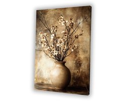 Gedroogde bloemen in keramiekvaas - Stilleven canvaskunst - Canvas schilderij bloemen - Japandi - Modern schilderij - Woonkamer decoratie - Canvas 50x70 cm