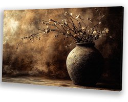 Gedroogde bloemen in rustieke vaas - Stilleven canvas kunst - Muurdecoratie canvas bloemen - Realistische kunst - Schilderij vintage - Kunstwerken schilderij - Canvas 120x80 cm