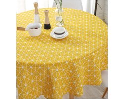 Geel Boheems tafelkleed, rond Scandinavisch keperstof tafelkleed, kreukvrije stof, geblokt patroon, landelijk tafelkleed, geschikt voor keuken, restaurant, feesten, picknicks in de buitenlucht (rond, 120 cm).