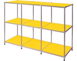 Geel: Floordirekt Concept Epure MK-018 – Lage metalen stellingkast met 3 open planken – Geel- B116 × T40 × H82