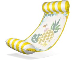 Geel-Wit Gestreepte Ananas Waterlounge (130×70cm) – Comfortabele Drijfmat met Verkoelend Net en Tropische Print, Perfect voor Zwembad en Meer
