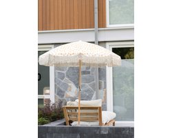 Geel witte parasol met franjes Ø180 cm - gele stipjes - kantelbaar - UV-beschermend - inclusief hoes
