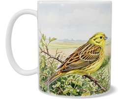 Geelgors Mok Gele Zangvogel in Agrarisch Akkerlandschap - "Aquarel Series" Cadeau voor haar: Vrouw, Vriendin of Collega - Koffiemok met Geelgors op Tak - Hollands Polderzicht met Boerderij - Natuurcadeau
