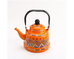 Geëmailleerde theepot – Voorzien van een handvat; geschikt voor gasfornuizen, inductiekookplaten en elektrische fornuizen – Past perfect bij een rustieke keukeninrichting – Zonder fluitfunctie – Oranje.