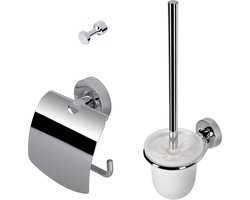 Geesa Luna toiletset compleet met closetrolhouder met klep borstelgarnituur + ophanghaak met extra zwarte borstel chroom