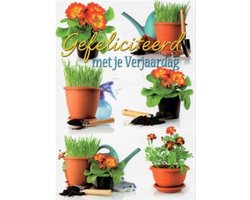 Gefeliciteerd met je verjaardag! Diverse bloembakken met tuingereedschap voor mensen die graag tuinieren. Een leuke kaart om zo te geven of om bij een cadeau te voegen. Een dubbele wenskaart inclusief envelop en in folie verpakt.